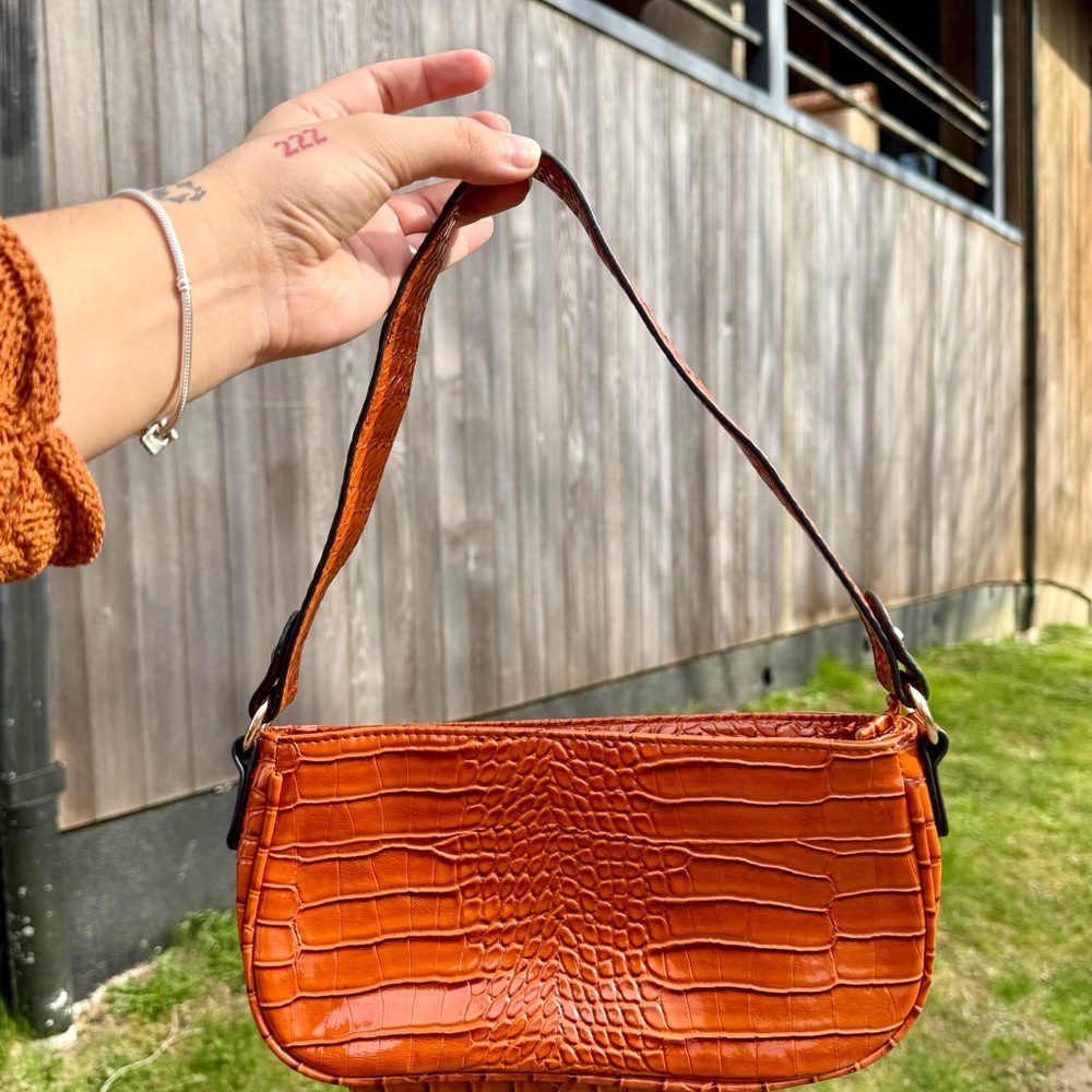 Croc-Embossed Orange Shoulder Bag